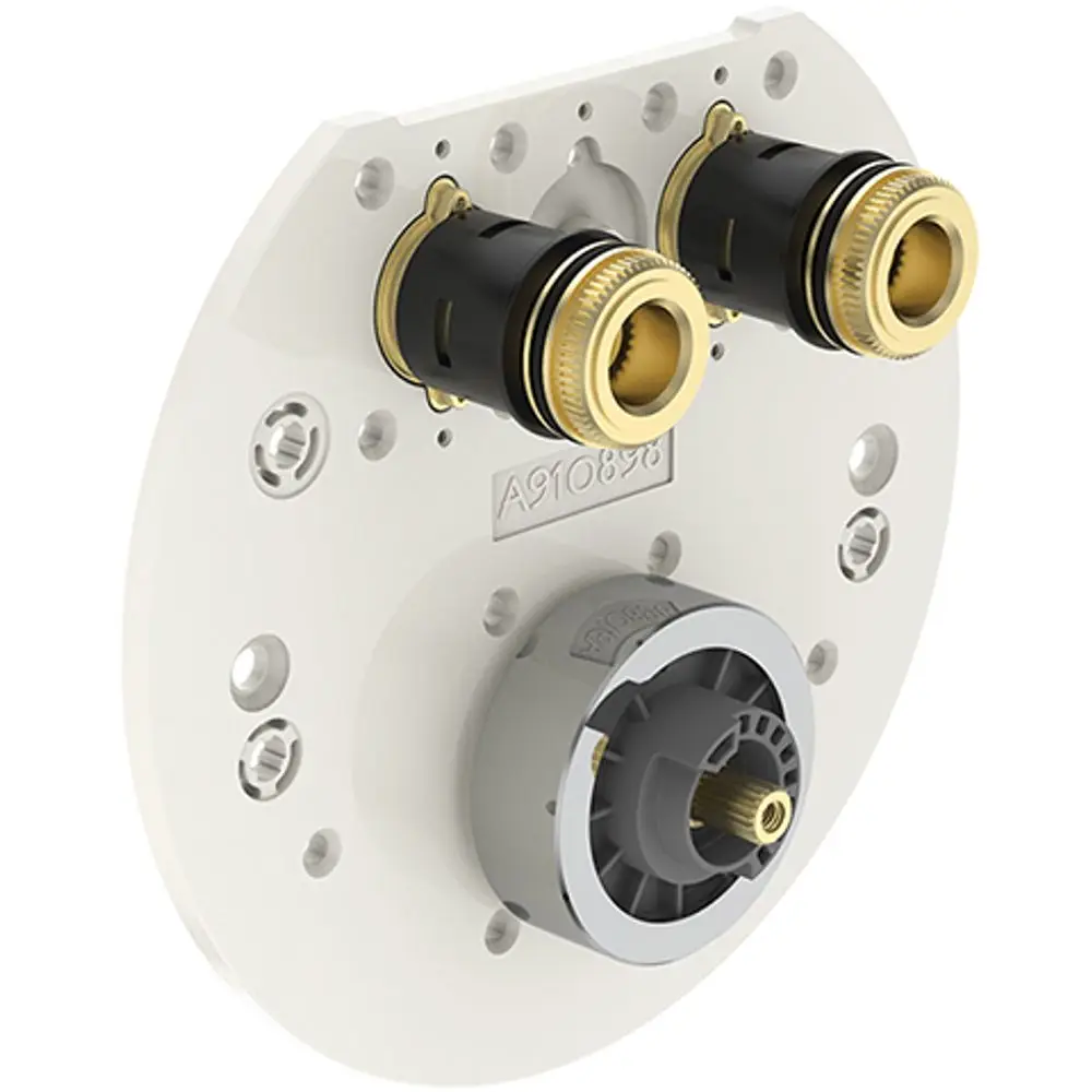 Ideal Standard Produkt mit einer runden, weißen Montageplatte und zwei schwarzen Anschlussbuchsen. Die Bauform deutet auf eine Anwendung im Badezimmer hin.